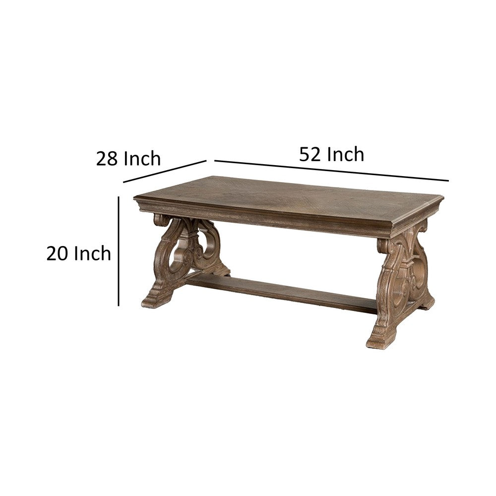 Gia Coffee Table, 52 Inch Rectangular Top, Carved Details, Brown Solid Wood - BM319504
