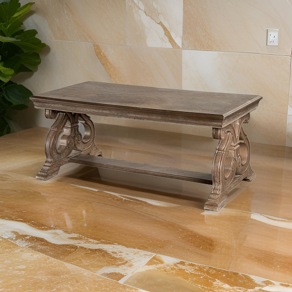 Gia Coffee Table, 52 Inch Rectangular Top, Carved Details, Brown Solid Wood - BM319504