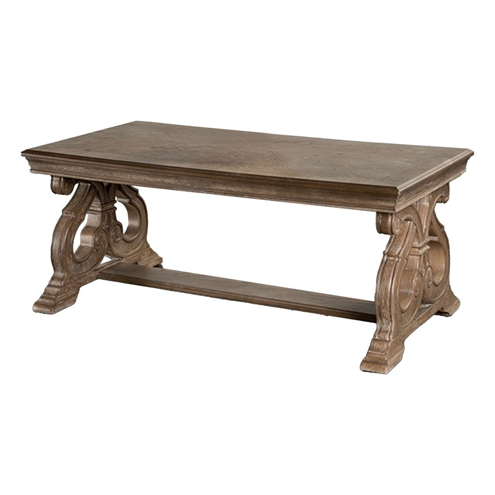 Gia Coffee Table, 52 Inch Rectangular Top, Carved Details, Brown Solid Wood - BM319504
