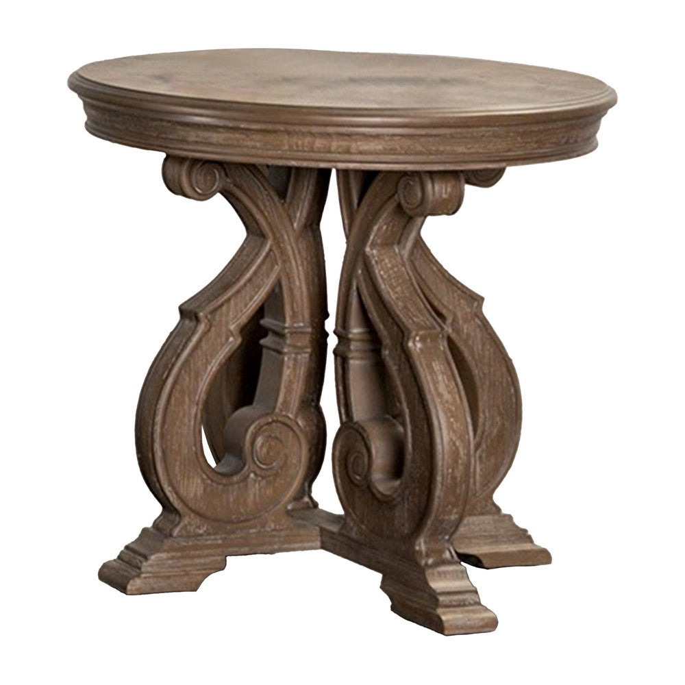 Gia Side End Table, 27 Inch Round Top, Carved Details, Brown Solid Wood - BM319505