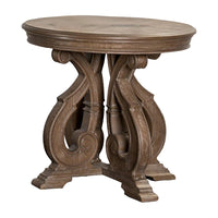 Gia Side End Table, 27 Inch Round Top, Carved Details, Brown Solid Wood - BM319505
