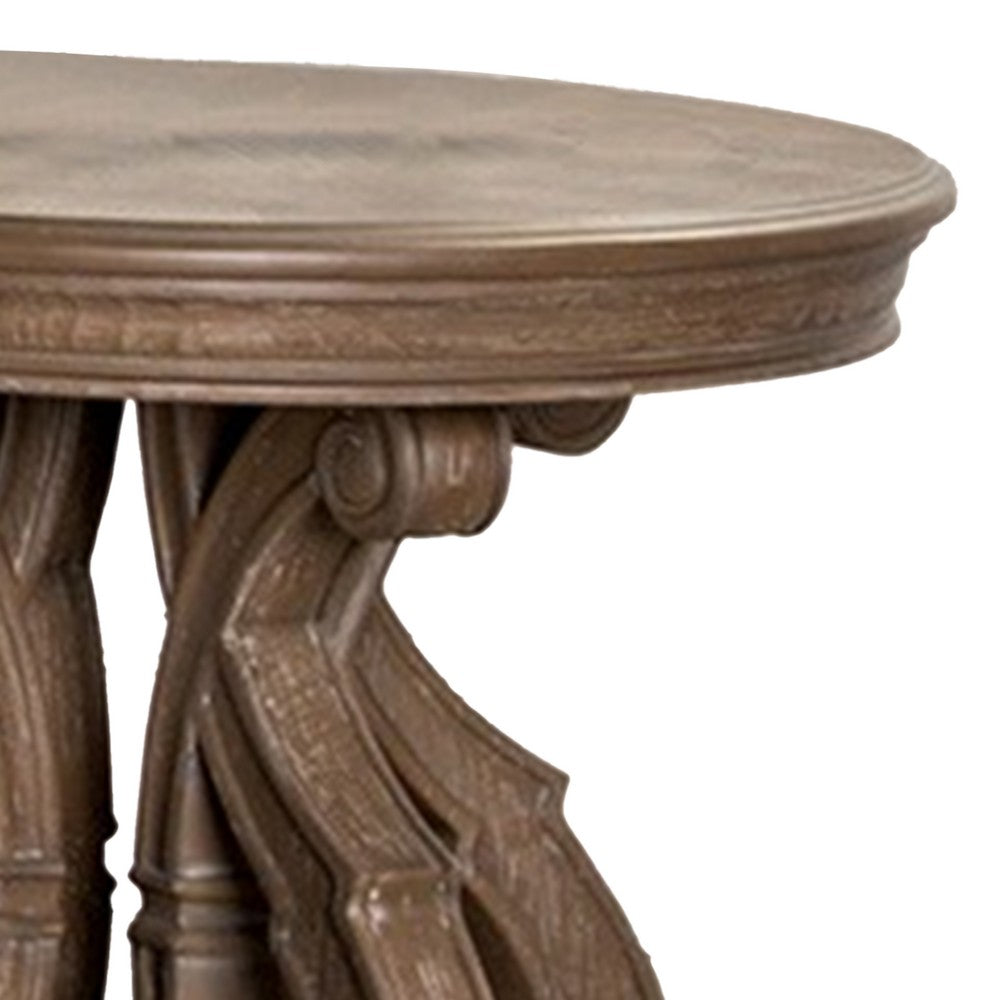 Gia Side End Table, 27 Inch Round Top, Carved Details, Brown Solid Wood - BM319505