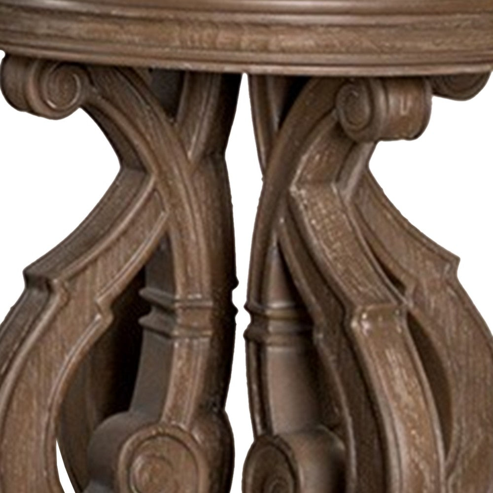 Gia Side End Table, 27 Inch Round Top, Carved Details, Brown Solid Wood - BM319505