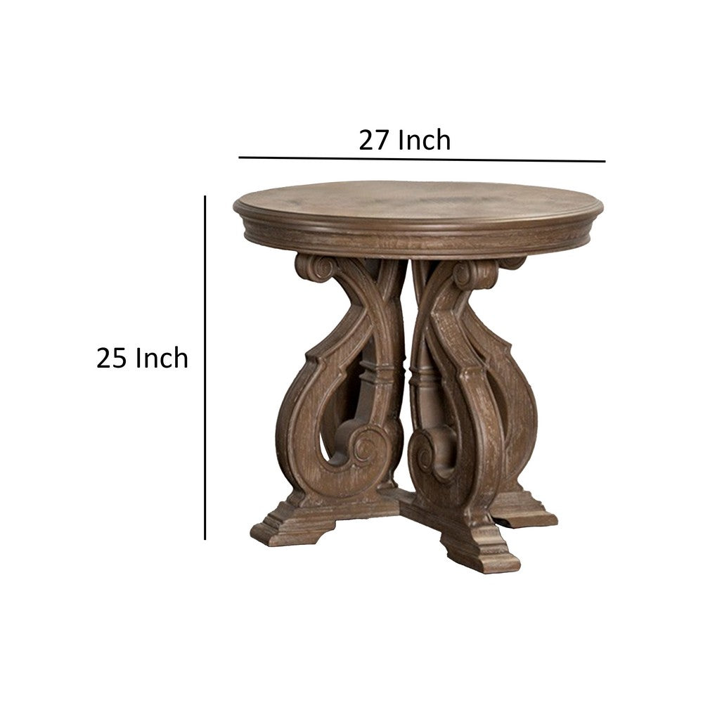 Gia Side End Table, 27 Inch Round Top, Carved Details, Brown Solid Wood - BM319505