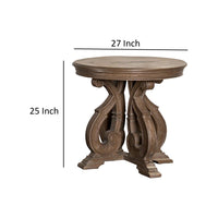 Gia Side End Table, 27 Inch Round Top, Carved Details, Brown Solid Wood - BM319505