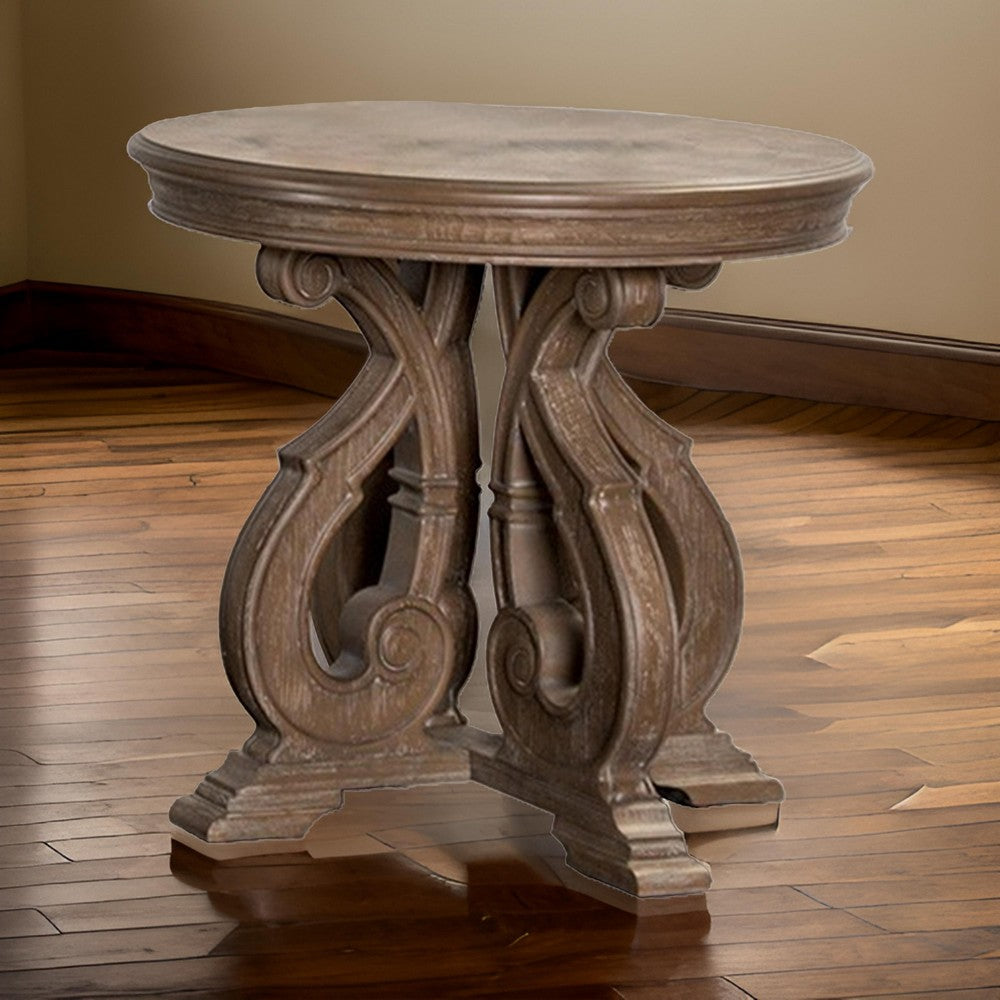 Gia Side End Table, 27 Inch Round Top, Carved Details, Brown Solid Wood - BM319505