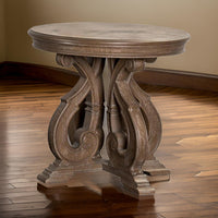 Gia Side End Table, 27 Inch Round Top, Carved Details, Brown Solid Wood - BM319505