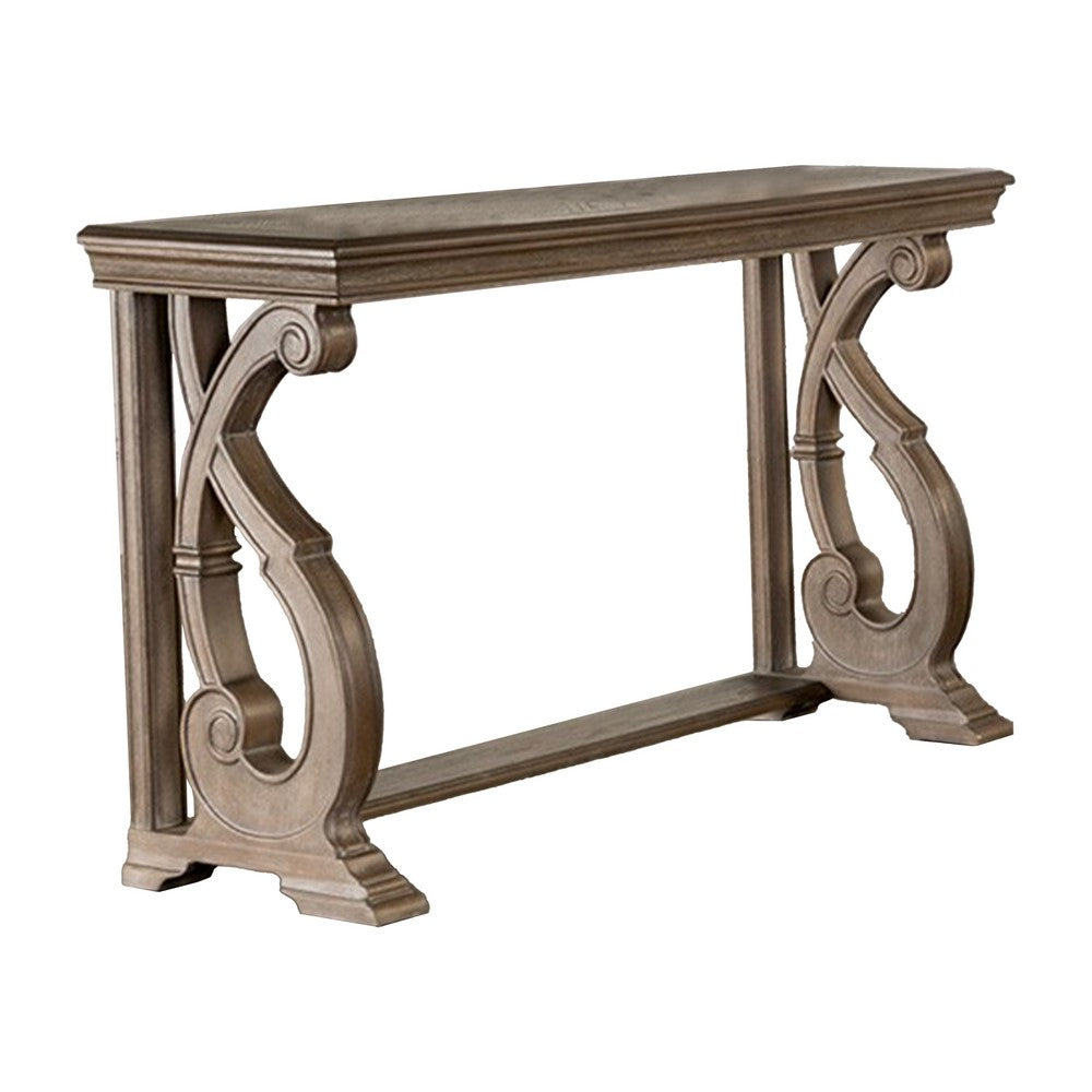 Gia Sofa Table, 50 Inch Rectangular, Carved Details, Brown Solid Wood - BM319506