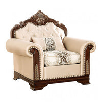 Catie Accent Chair, Beige Rolled Arms, Nailhead, Cherry Brown Solid Wood - BM319521