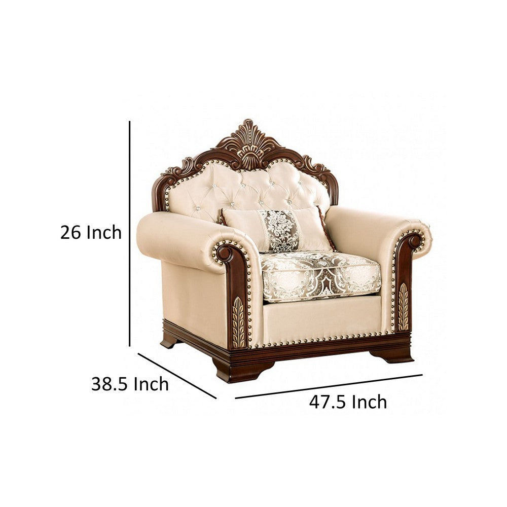 Catie Accent Chair, Beige Rolled Arms, Nailhead, Cherry Brown Solid Wood - BM319521