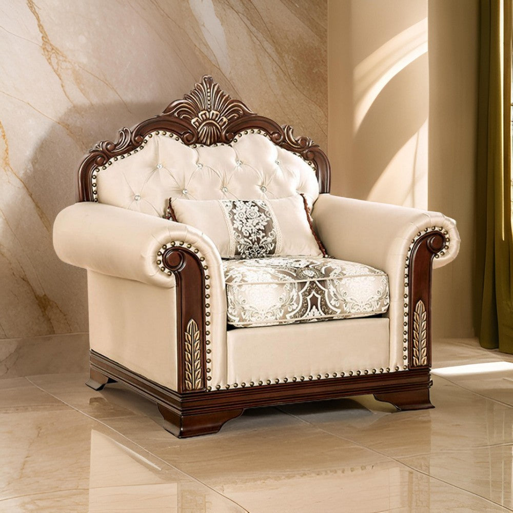 Catie Accent Chair, Beige Rolled Arms, Nailhead, Cherry Brown Solid Wood - BM319521