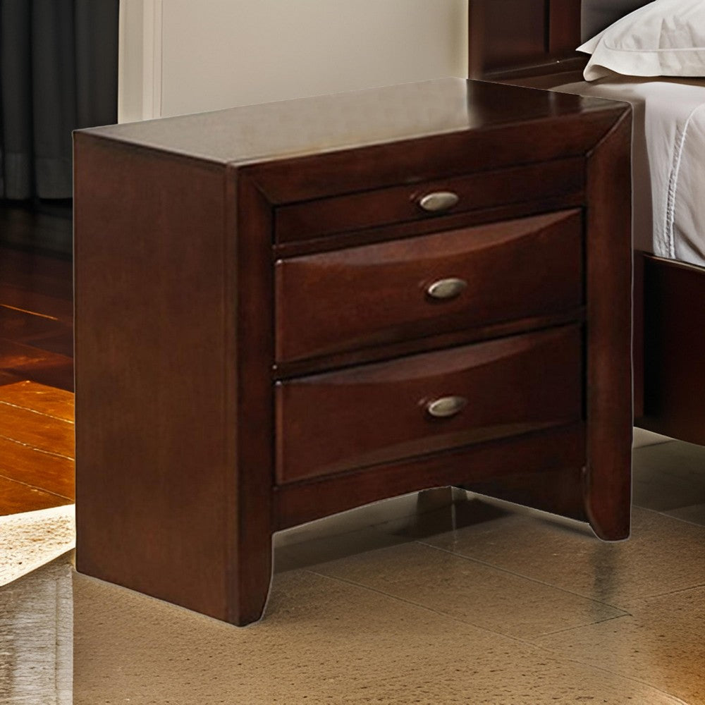 Simo Nightstand, Spacious Top, Nickel, 3 Drawers, Cherry Brown Solid Wood - BM319527
