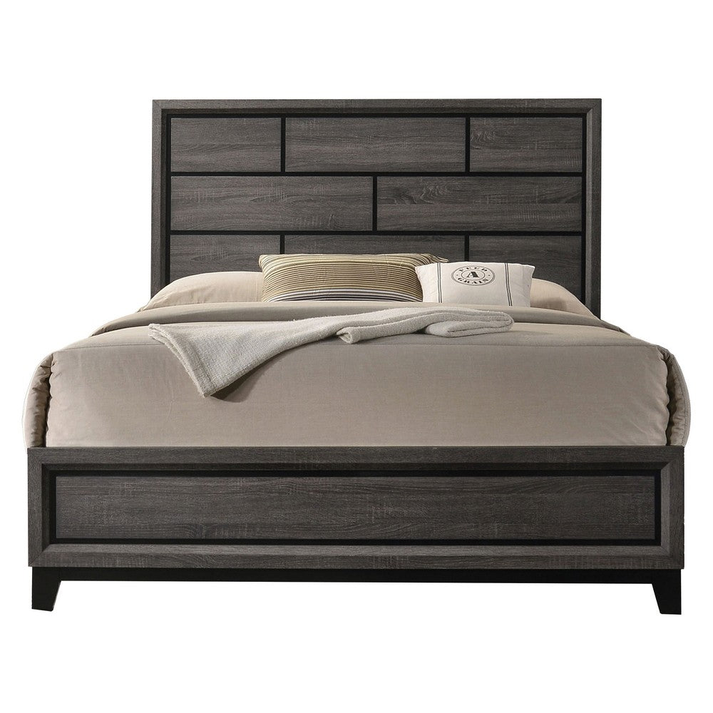 Erica Queen Size Bed, Gray, Black Wood Finish, Panel Style Headboard - BM319534