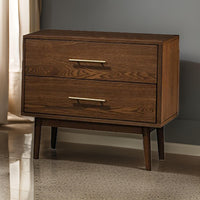Roma Nightstand, 2 Drawers, Nickel Bar Handles, Walnut Brown Solid Wood - BM319544