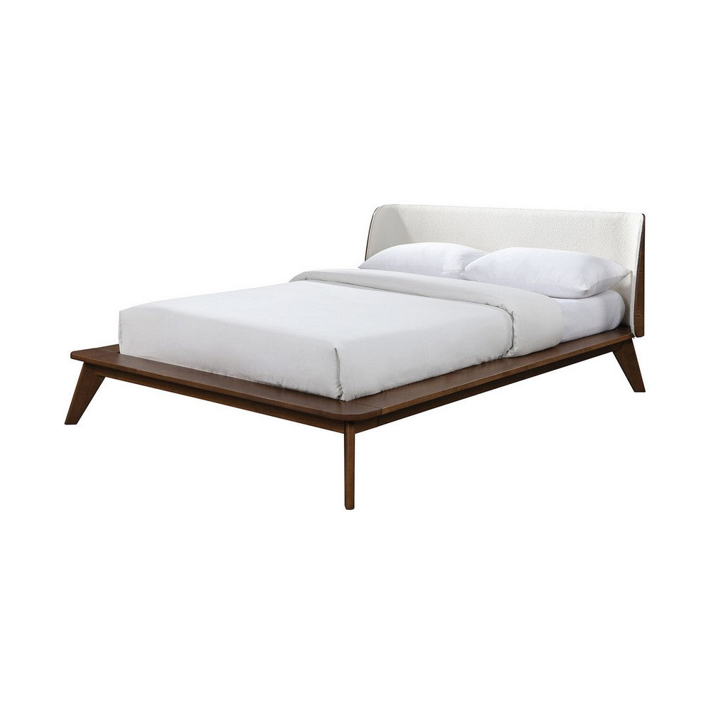 Linzy Queen Bed, Beige Boucle Upholstered Winged Edge, Brown Solid Wood - BM319548