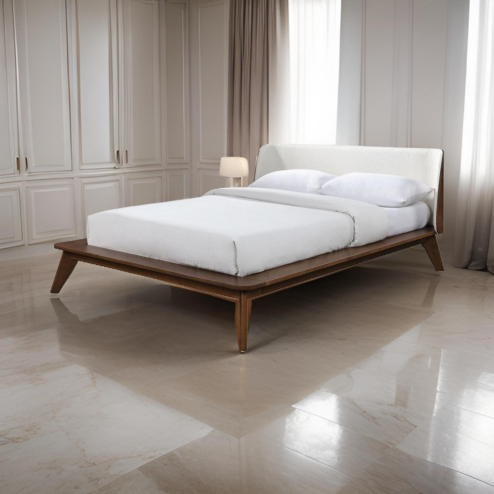 Linzy Queen Bed, Beige Boucle Upholstered Winged Edge, Brown Solid Wood - BM319548