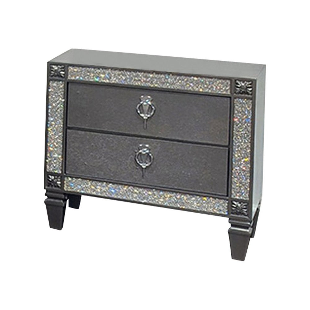 Laine Nightstand, 2 Drawers, Crystal Like Acrylic Trim, Gray Solid Wood - BM319552