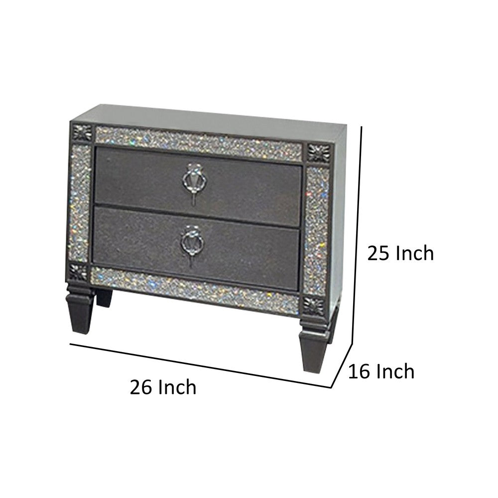 Laine Nightstand, 2 Drawers, Crystal Like Acrylic Trim, Gray Solid Wood - BM319552