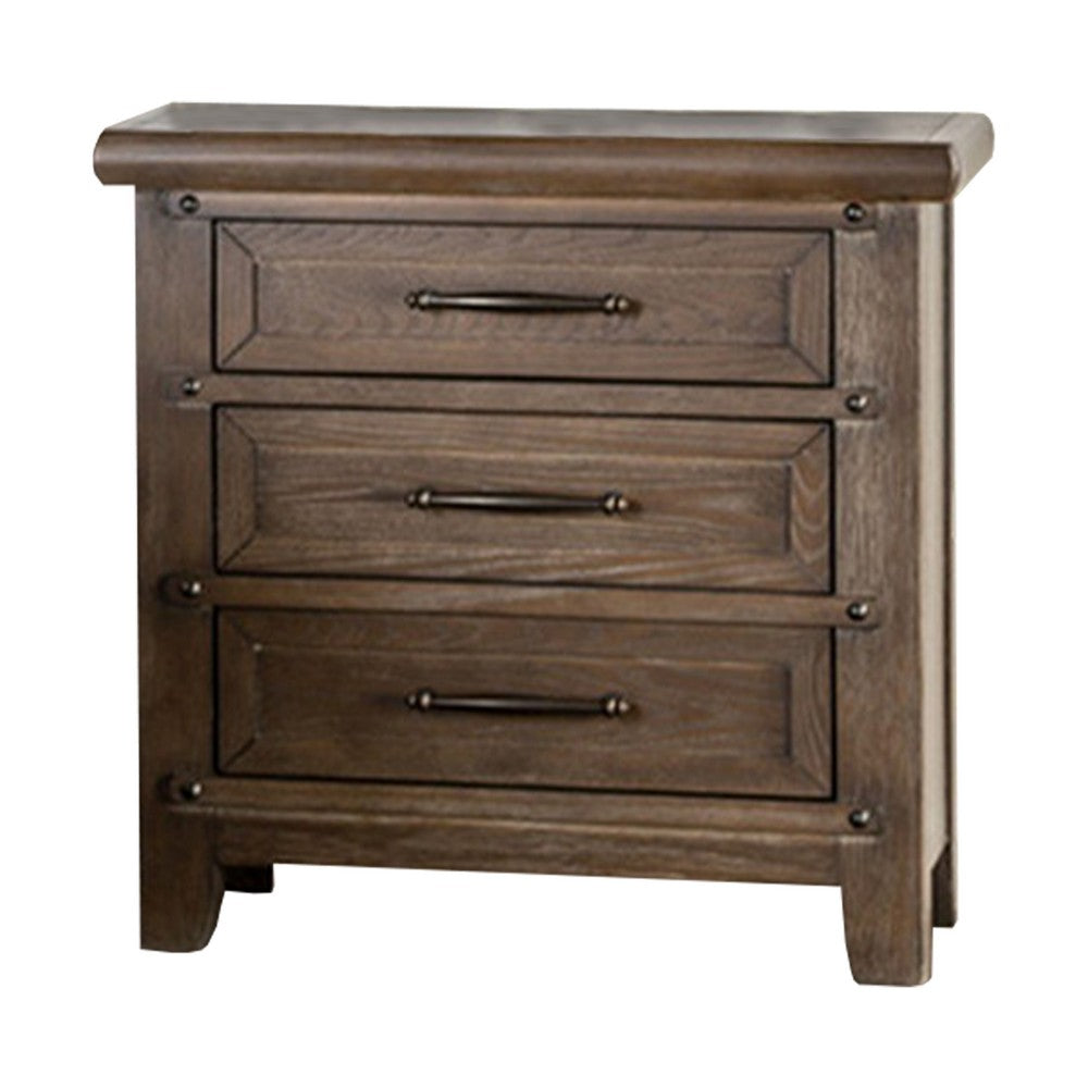 Merry Nightstand, Spacious Top, 3 Drawers, Metal Handles, Brown Solid Wood - BM319553