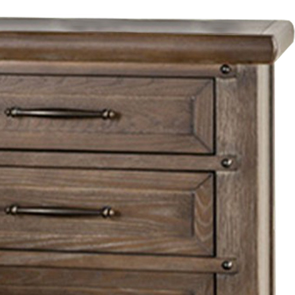Merry Nightstand, Spacious Top, 3 Drawers, Metal Handles, Brown Solid Wood - BM319553