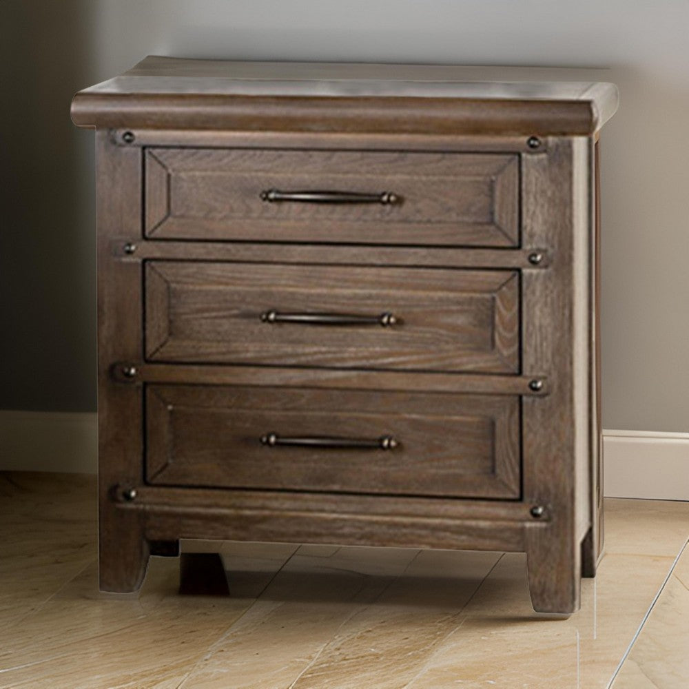 Merry Nightstand, Spacious Top, 3 Drawers, Metal Handles, Brown Solid Wood - BM319553