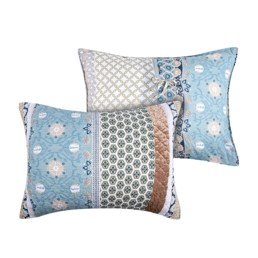 Ello 36 Inch Quilted King Size Pillow Sham, Bohemian Print Blue and White By Casagear Home