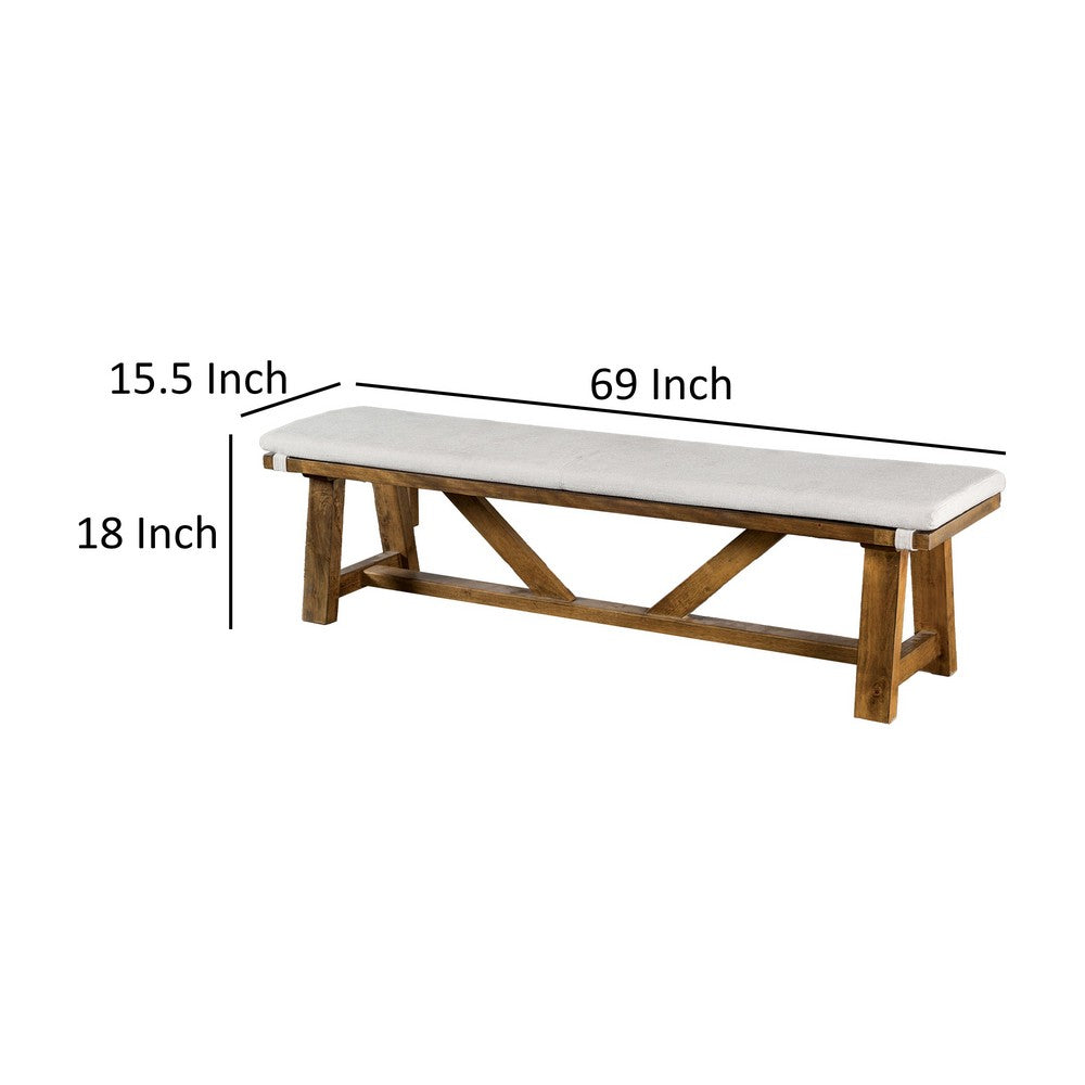 Jule Dining Bench, Trestle Base, 69 Inch, Brown Wood with Off White Seat - BM319791
