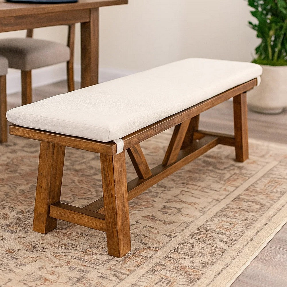 Jule Dining Bench, Trestle Base, 69 Inch, Brown Wood with Off White Seat - BM319791