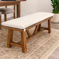 Jule Dining Bench, Trestle Base, 69 Inch, Brown Wood with Off White Seat - BM319791