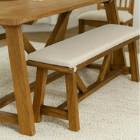 Jule Dining Bench, Trestle Base, 69 Inch, Brown Wood with Off White Seat - BM319791