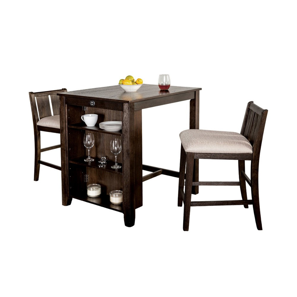 Lessi 3pc Counter Height Table Set with Side Shelf, USB , Cherry Brown Wood - BM319792