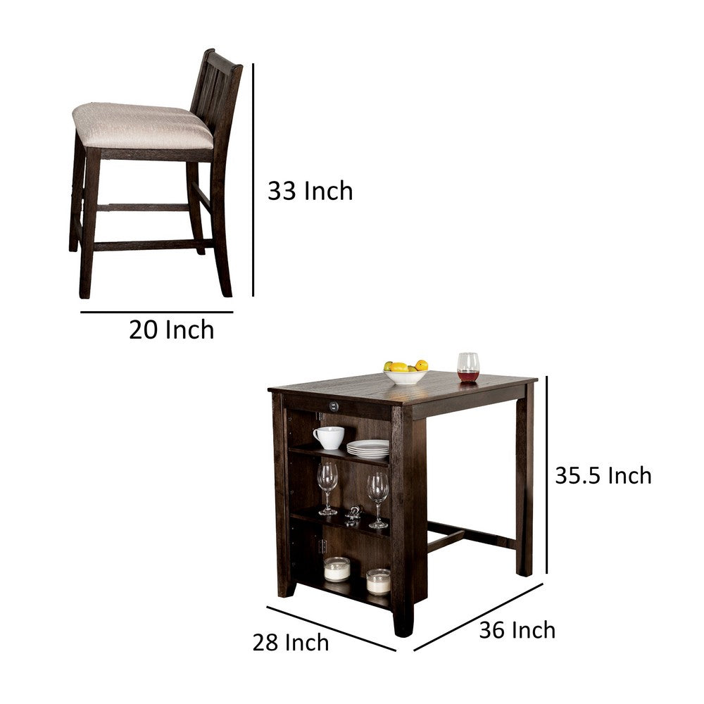 Lessi 3pc Counter Height Table Set with Side Shelf, USB , Cherry Brown Wood - BM319792