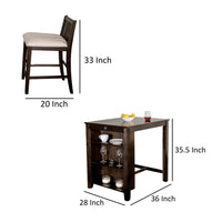 Lessi 3pc Counter Height Table Set with Side Shelf, USB , Cherry Brown Wood - BM319792