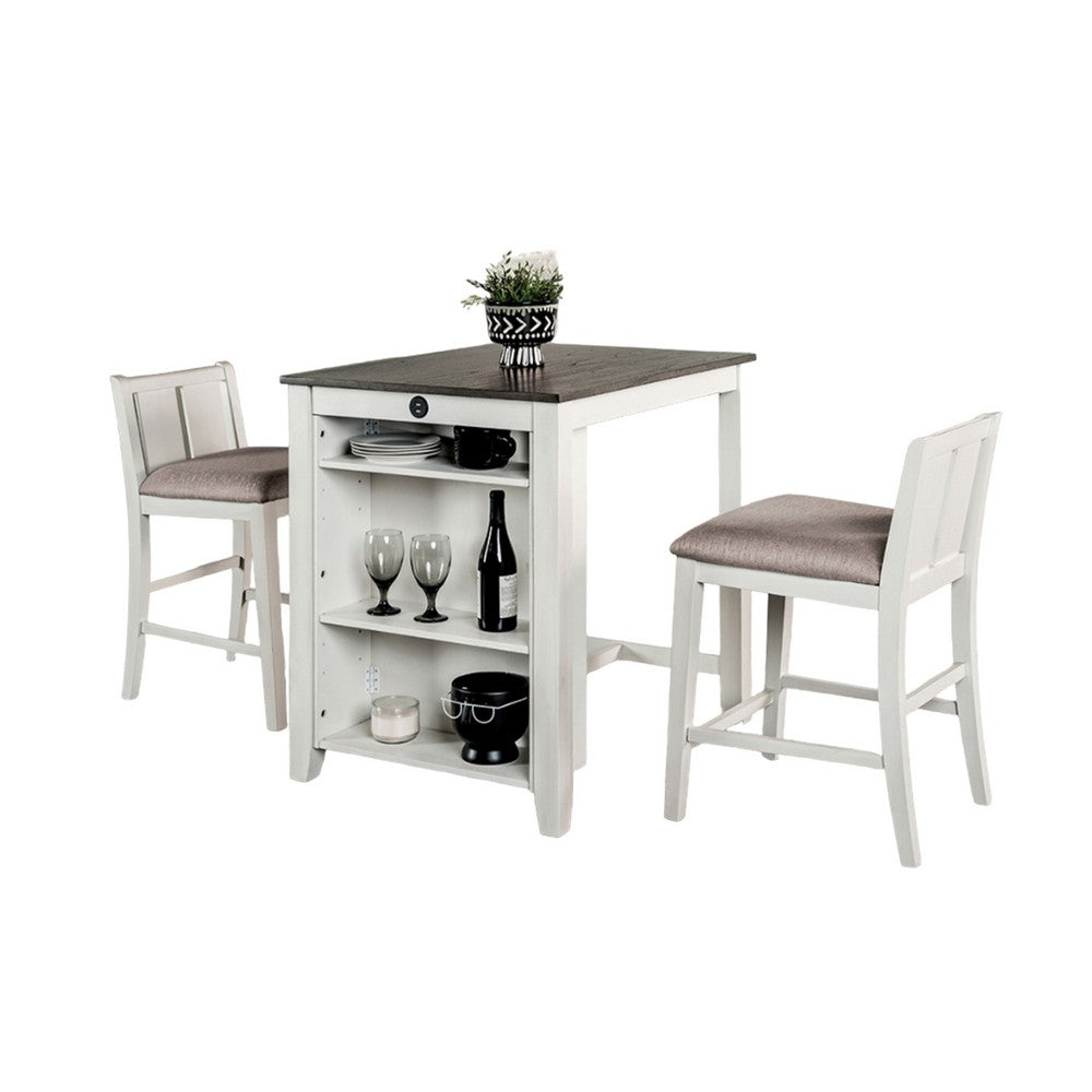 Lessi 3pc Counter Height Table Set with Side Shelf, USB , White Gray Wood - BM319793