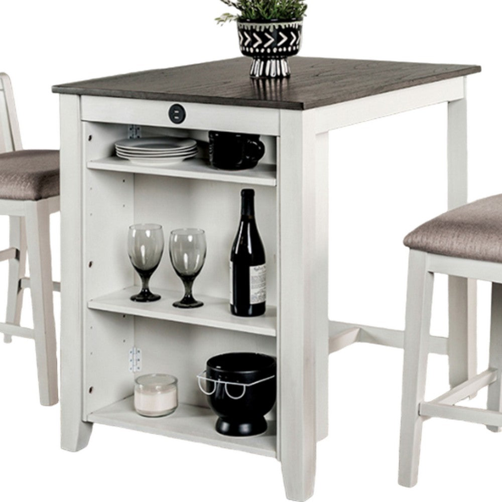 Lessi 3pc Counter Height Table Set with Side Shelf, USB , White Gray Wood - BM319793