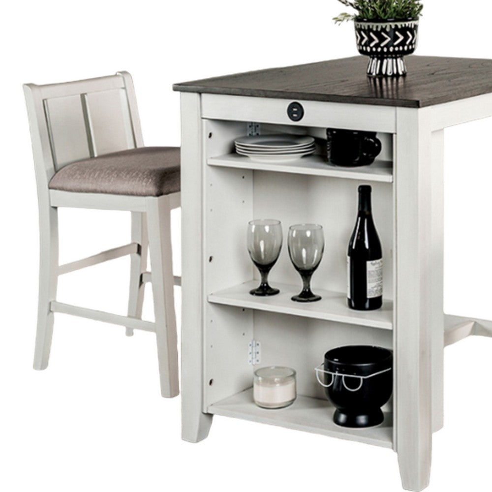 Lessi 3pc Counter Height Table Set with Side Shelf, USB , White Gray Wood - BM319793