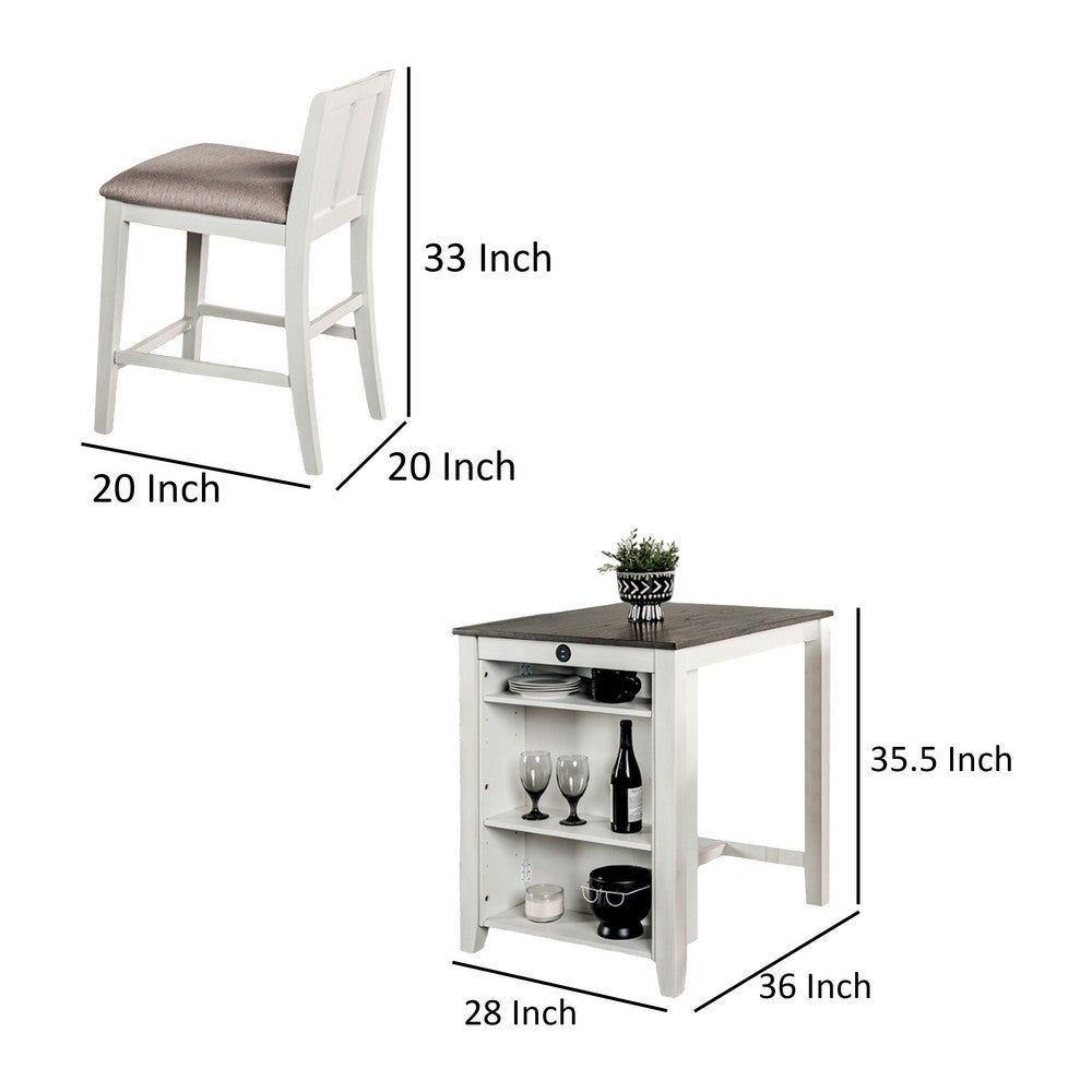 Lessi 3pc Counter Height Table Set with Side Shelf, USB , White Gray Wood - BM319793