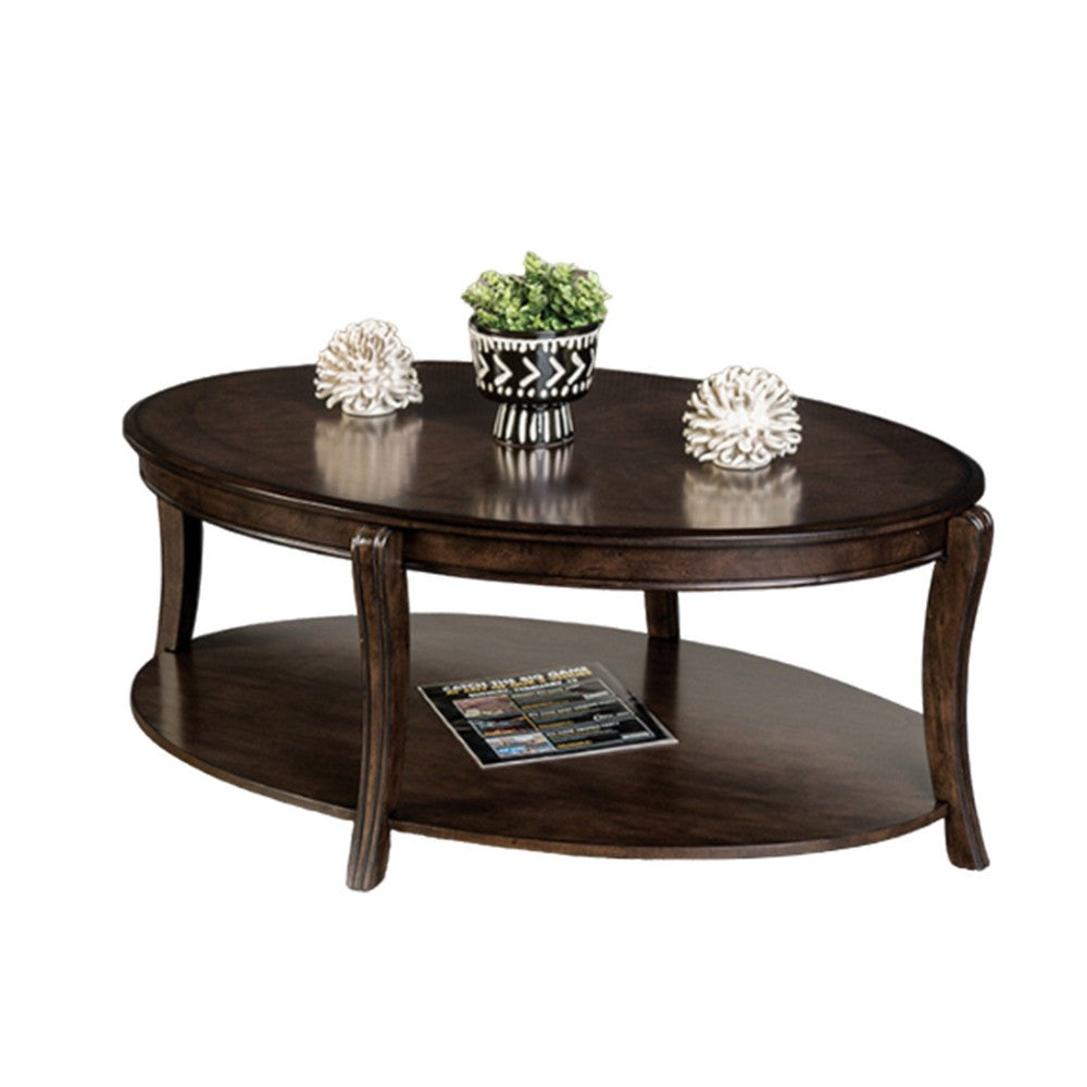 Orio Coffee Table with Open Shelves, 49 Inch Oval Top, Brown Wood - BM319796