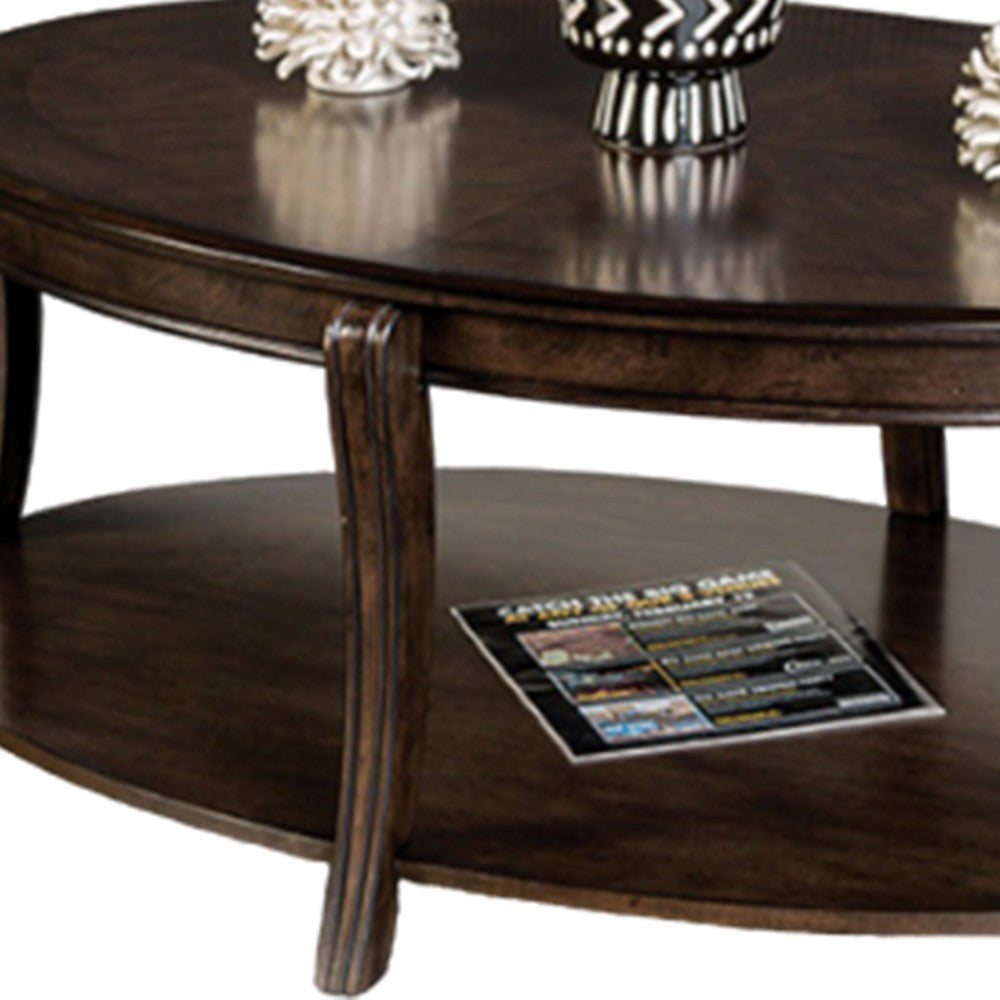 Orio Coffee Table with Open Shelves, 49 Inch Oval Top, Brown Wood - BM319796