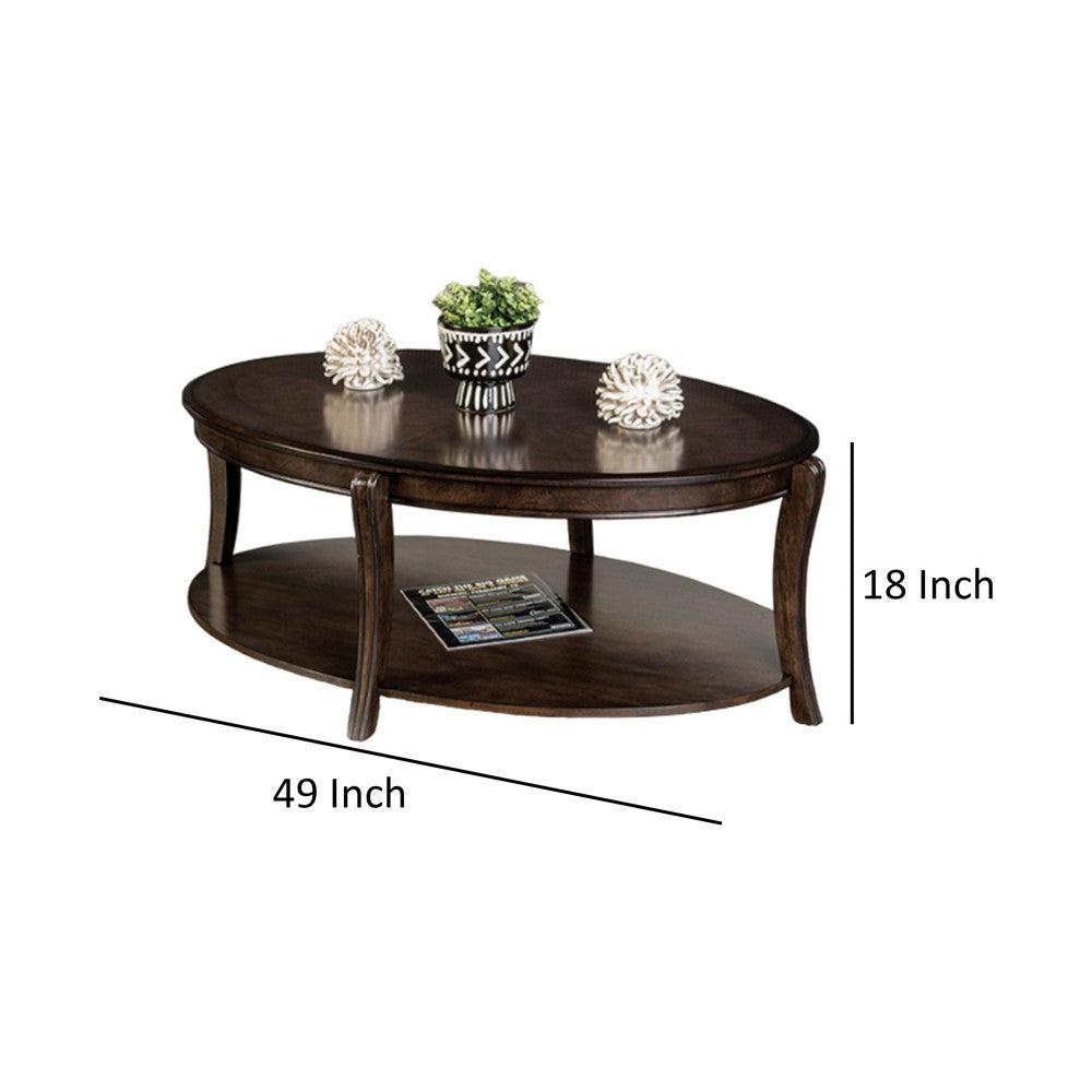 Orio Coffee Table with Open Shelves, 49 Inch Oval Top, Brown Wood - BM319796
