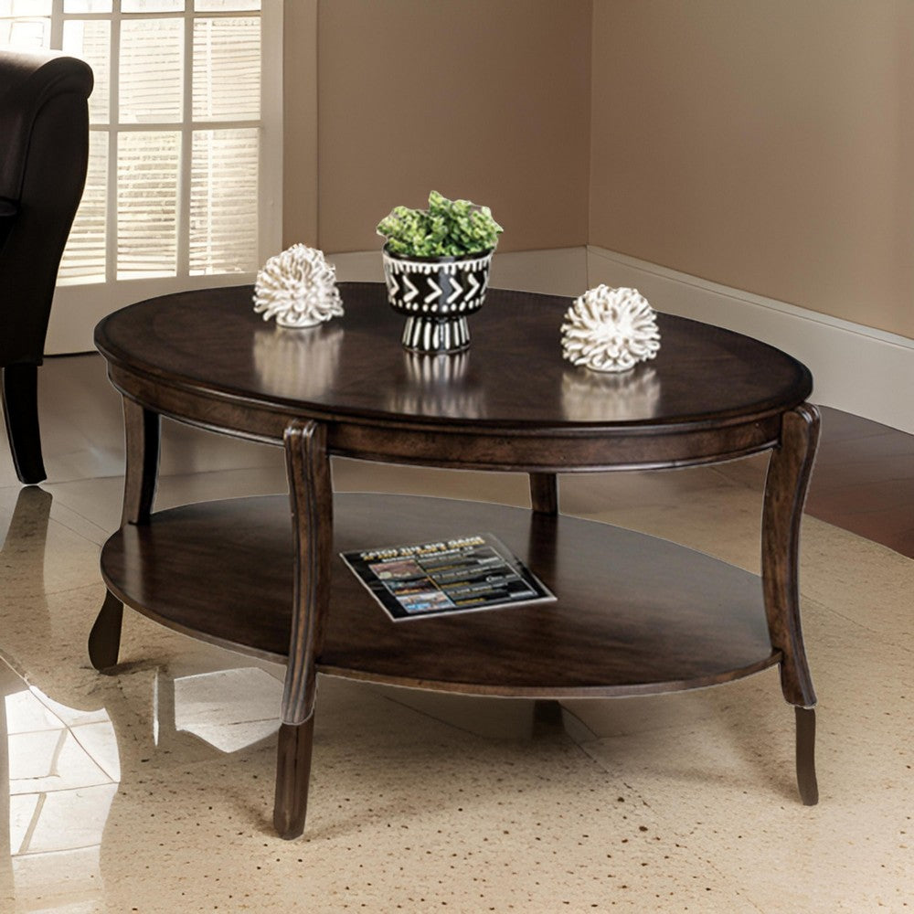 Orio Coffee Table with Open Shelves, 49 Inch Oval Top, Brown Wood - BM319796