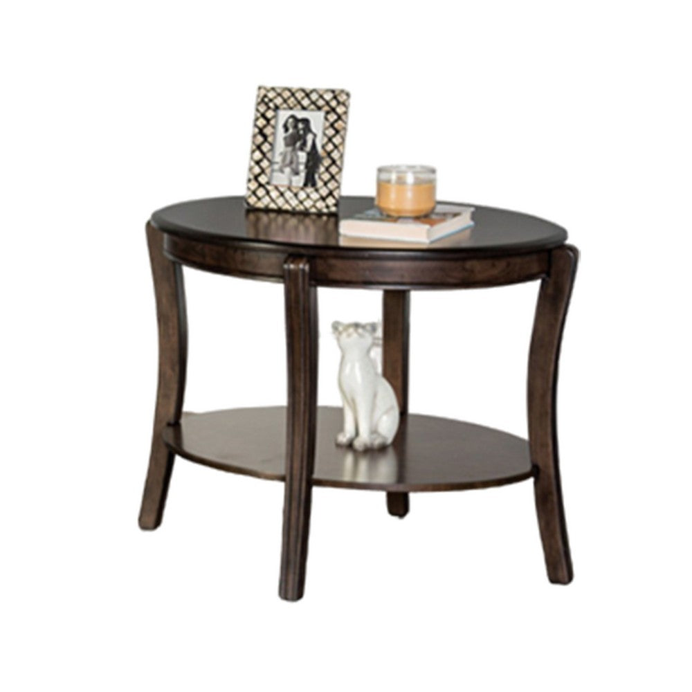 Orio Side End Table, Open Shelves, 31 Inch Oval Top, Curve Legs, Brown Wood - BM319797
