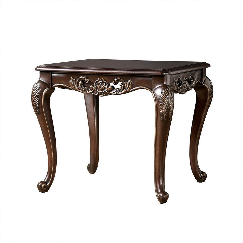 Halie Side End Table, 28 Inch, Classic Cabriole Legs, Dark Brown Solid Wood - BM319804