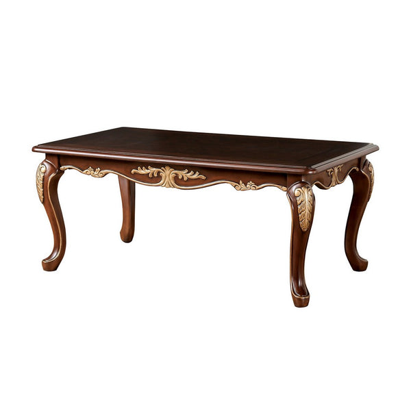 Saili Coffee Table, Gold Carvings, 48 Inch, Cabriole, Tobacco Brown Wood - BM319805