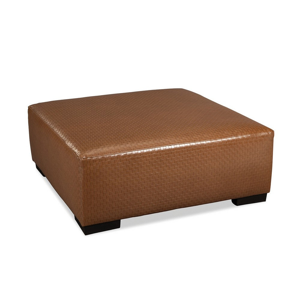 Elize Ottoman, Basketweave Design, 41 Inch, Black Wood, Brown Faux Leather - BM319831