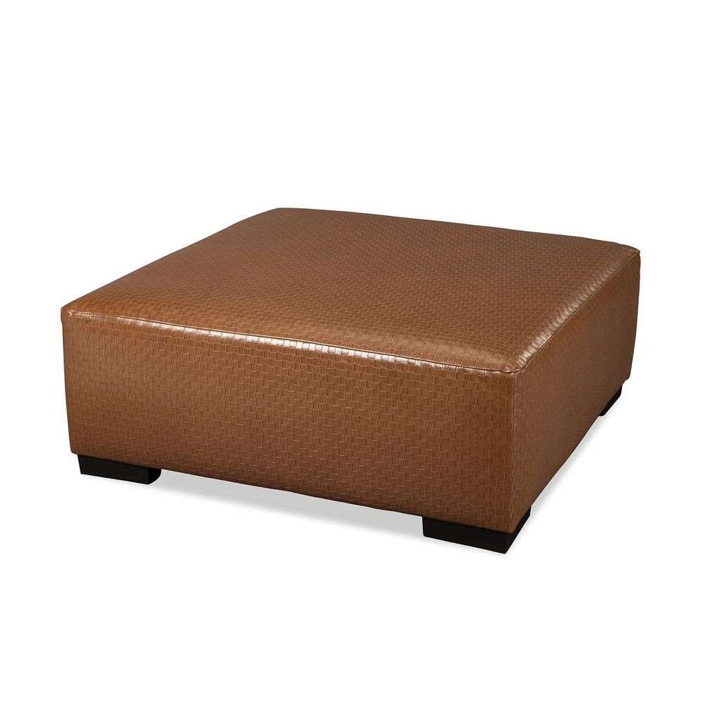Elize Ottoman, Basketweave Design, 41 Inch, Black Wood, Brown Faux Leather - BM319831