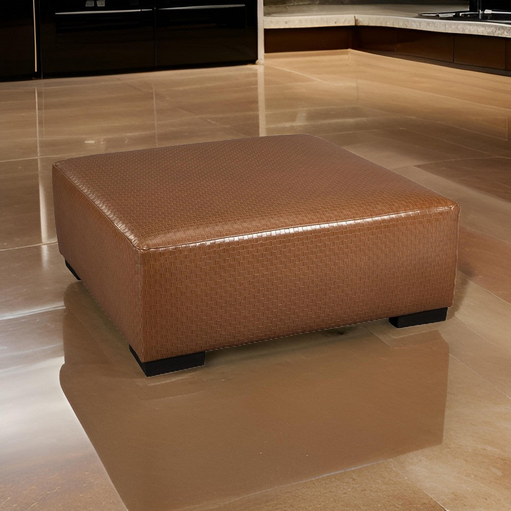 Elize Ottoman, Basketweave Design, 41 Inch, Black Wood, Brown Faux Leather - BM319831