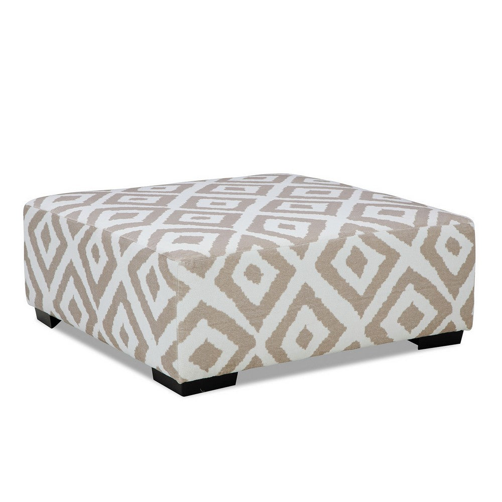 Laila Ottoman, Geometric Design, 41 Inch Light Brown and Ivory Chenille - BM319838