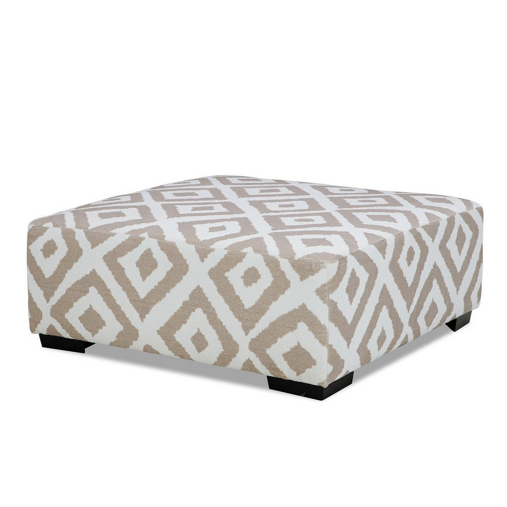 Laila Ottoman, Geometric Design, 41 Inch Light Brown and Ivory Chenille - BM319838