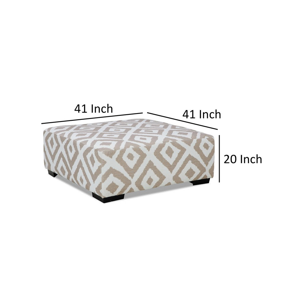 Laila Ottoman, Geometric Design, 41 Inch Light Brown and Ivory Chenille - BM319838